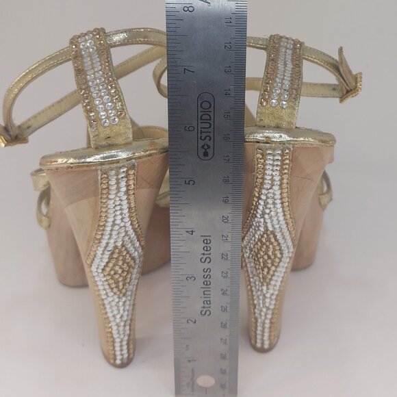 bebe Gold Strappy Rhinestone Platform Heels Size US 6 - Picture 6 of 16